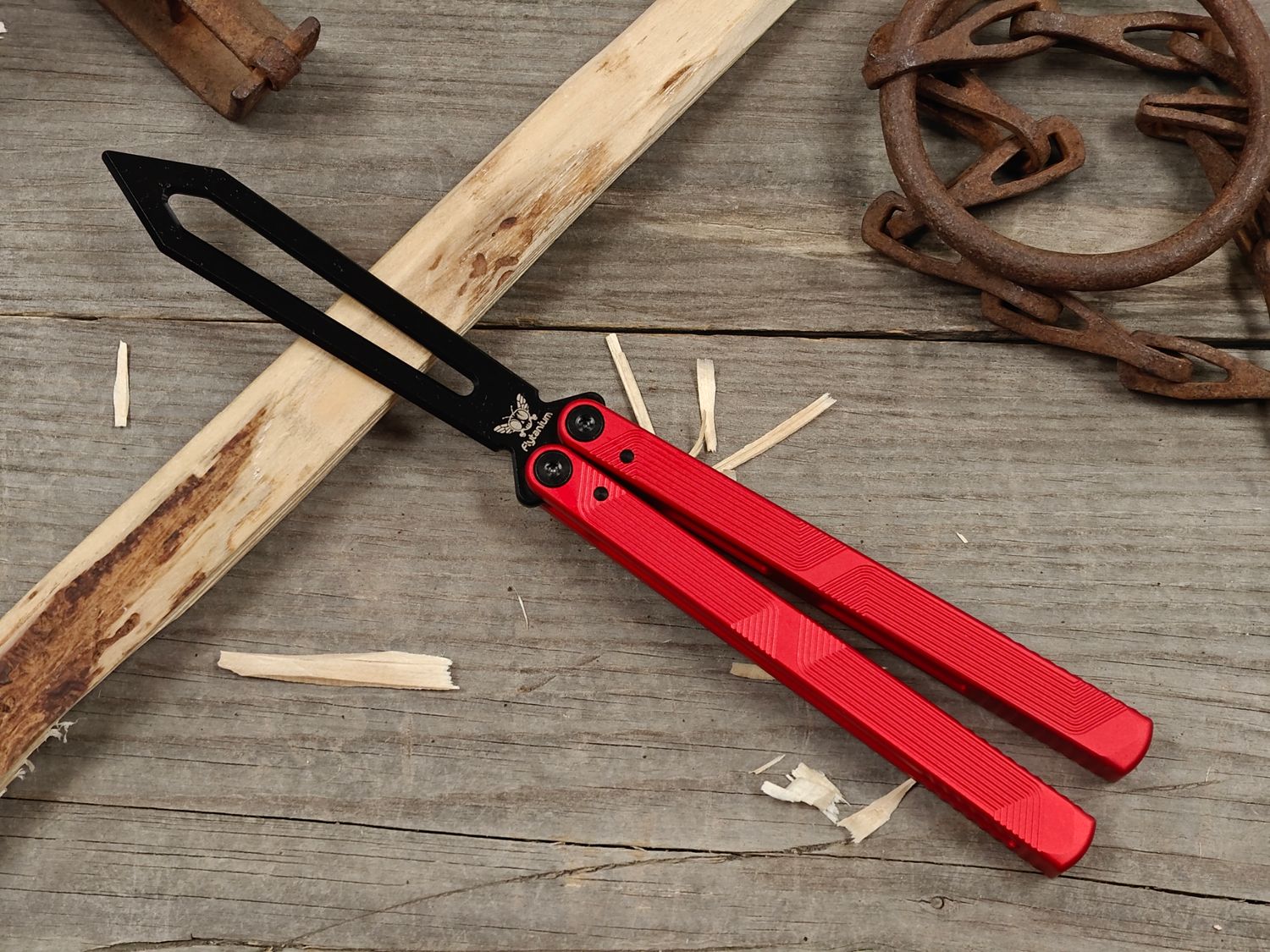 Flytanium Zenith Trainer 2.0 4.5" Butterfly Knife / Lava Red Aluminum / Black Skeletonized 440