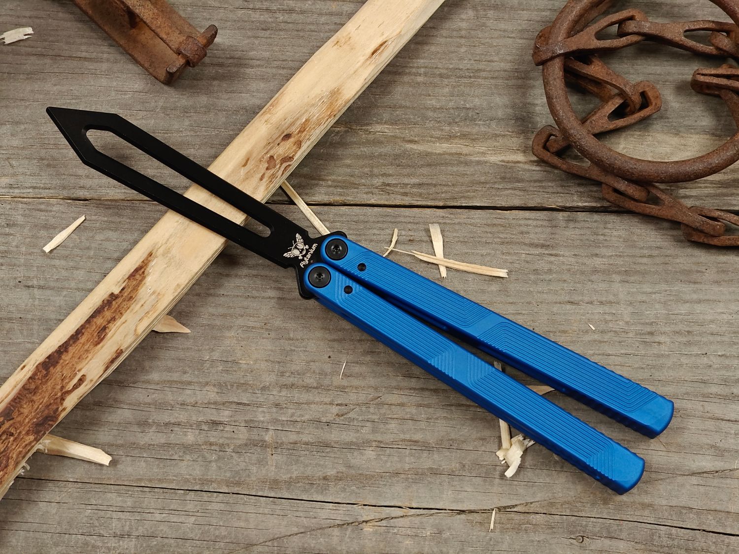 Flytanium Zenith Trainer 2.0 4.5" Butterfly Knife / Static Blue Aluminum / Black Skeletonized 440