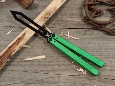 Flytanium Zenith Trainer 2.0 4.5" Butterfly Knife / Radioactive Green Aluminum / Black Skeletonized 440