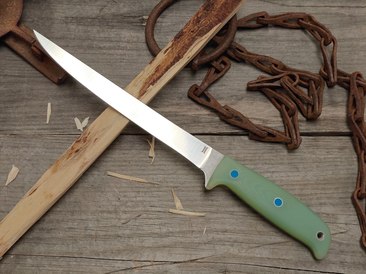 GNK &amp; Isley Blades Model 30 7.5" Fillet Knife / Jade G10 &amp; Blue G10 / Satin 14C28N / Kydex Sheath