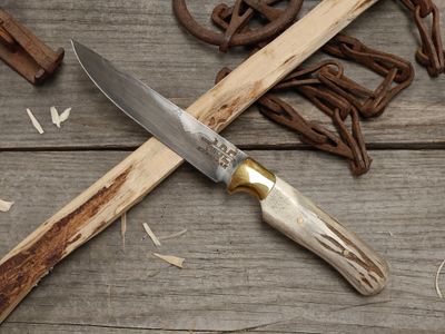 Abe Knives San Mai 5" Fixed Blade / Moose Antler &amp; Brass Bolster / 80crv2 &amp; 15n20
