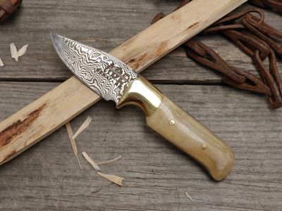 Abe Knives 78 Layer Damascus 2.5" Fixed Blade / Ram Horn &amp; Brass Bolster / 80crv2 &amp; 15n20