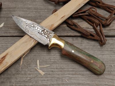 ABE Knives Damascus 78 Layer 3" Fixed Blade / Dyed Birch Burl &amp; Brass Bolster / 80CrV2 &amp; 15N20