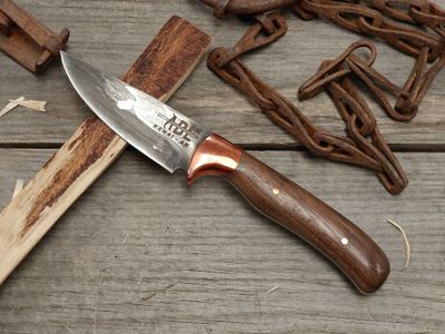 ABE Knives San Mai 3.25" Fixed Blade / Black Walnut &amp; Copper Bolster / 80CrV2 &amp; 15N20
