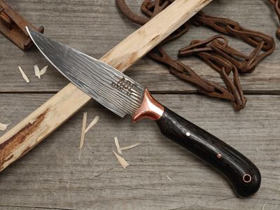 ABE Knives Damascus 29 Layer 4.75" Fixed Blade / African Wenge &amp; Copper Bolster / 80CrV2 &amp; 15N20