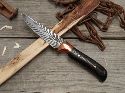 ABE Knives Feather Damascus 3.75" Fixed Blade / African Wenge &amp; Copper Bolster / 80CrV2 &amp; 15N20