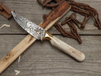 ABE Knives Damascus 29 Layer 3.75" Fixed Blade / Moose Antler &amp; Brass Bolster / 80CrV2 &amp; 15N20