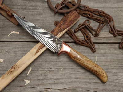ABE Knives Feather Damascus 5.25" Fixed Blade / Birch Burl &amp; Copper Bolster / 80CrV2 &amp; 15N20