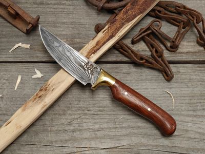 ABE Knives Damascus 29 Layer 3.75" Fixed Blade / Brazilian Cherry &amp; Brass Bolster / 80CrV2 &amp; 15N20