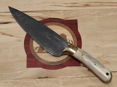 ABE Knives Twist Damascus 7" Chef Knife / Moose Antler &amp; Brass Bolster / 80CrV2 &amp; 15N20