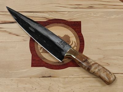 ABE Knives San Mai 7.75" Chef Knife / Birch Burl &amp; Brass Bolster / 80CrV2 &amp; 15N20