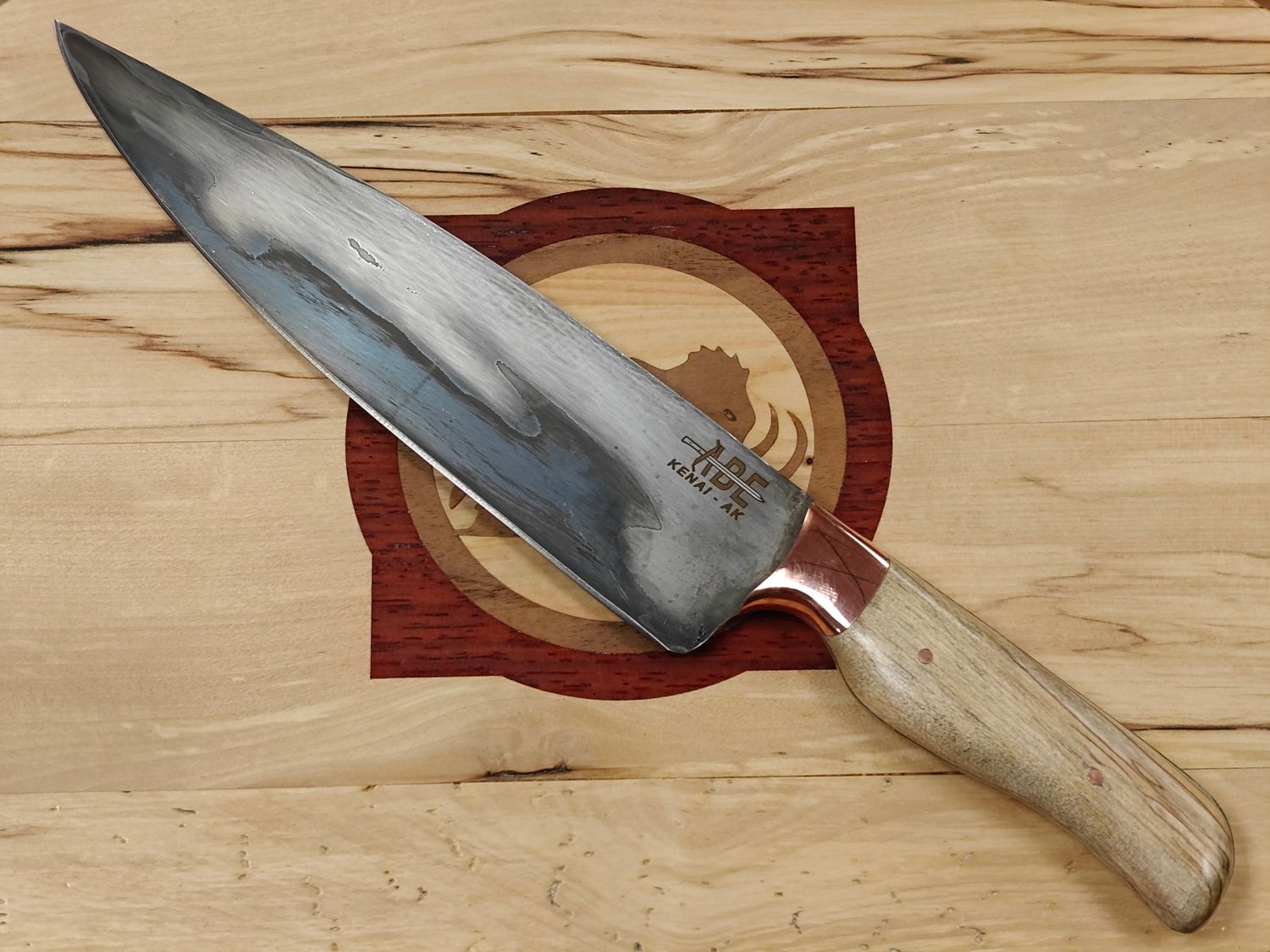 ABE Knives San Mai 8.5" Chef Knife / Birch Burl &amp; Copper Bolster / 80CrV2 &amp; 15N20