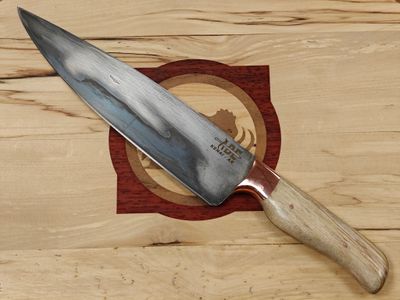 ABE Knives San Mai 8.5" Chef Knife / Birch Burl &amp; Copper Bolster / 80CrV2 &amp; 15N20