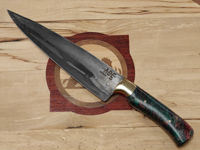 ABE Knives San Mai 8" Chef Knife / Dyed Birch Burl &amp; Copper Bolster / 80CrV2 &amp; 15N20