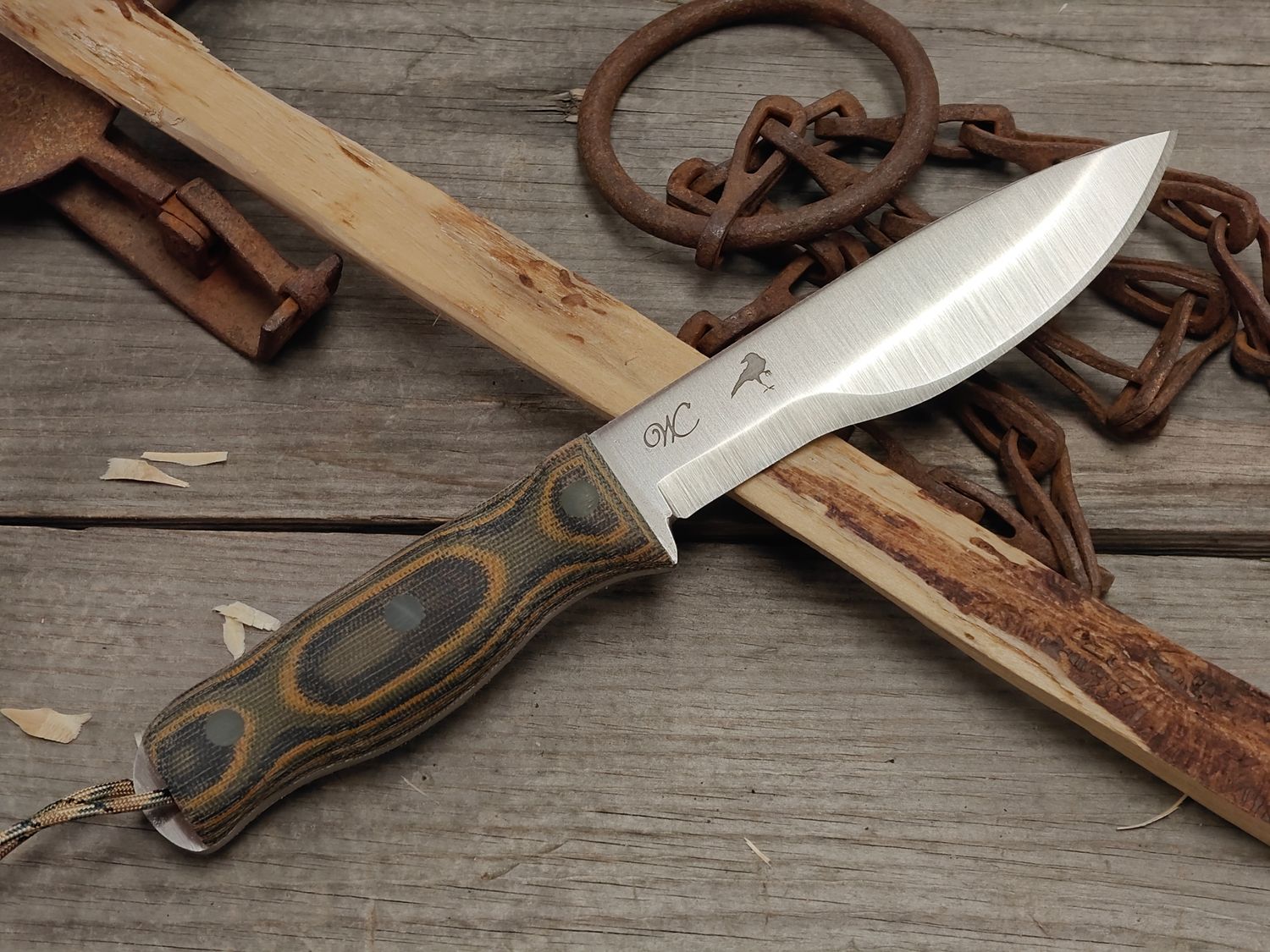 William Collins Black Bird 5.5" Bush Knife / Camo Micarta w/ Jade G10 Pins / Satin CPM-3V / Stitched Gear Sheath