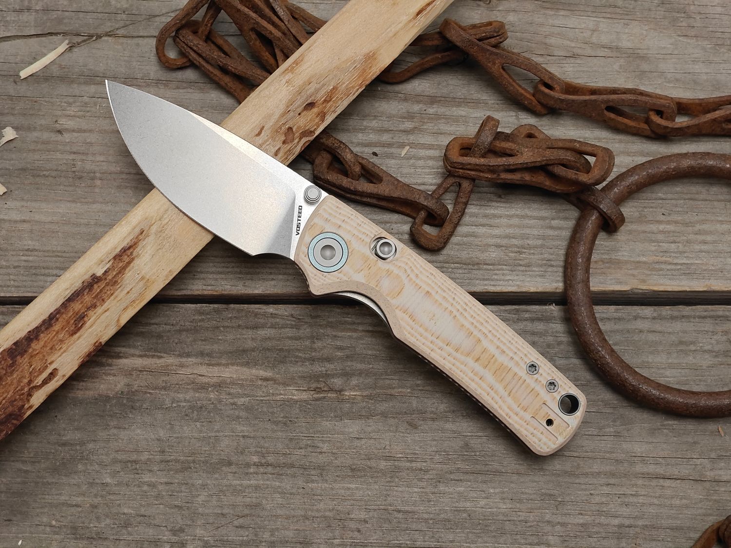 Vosteed Porcupine 3" Top Liner Lock Folding / Ivory Drift Bamboo Micarta / Stonewash Sandvik 14C28N