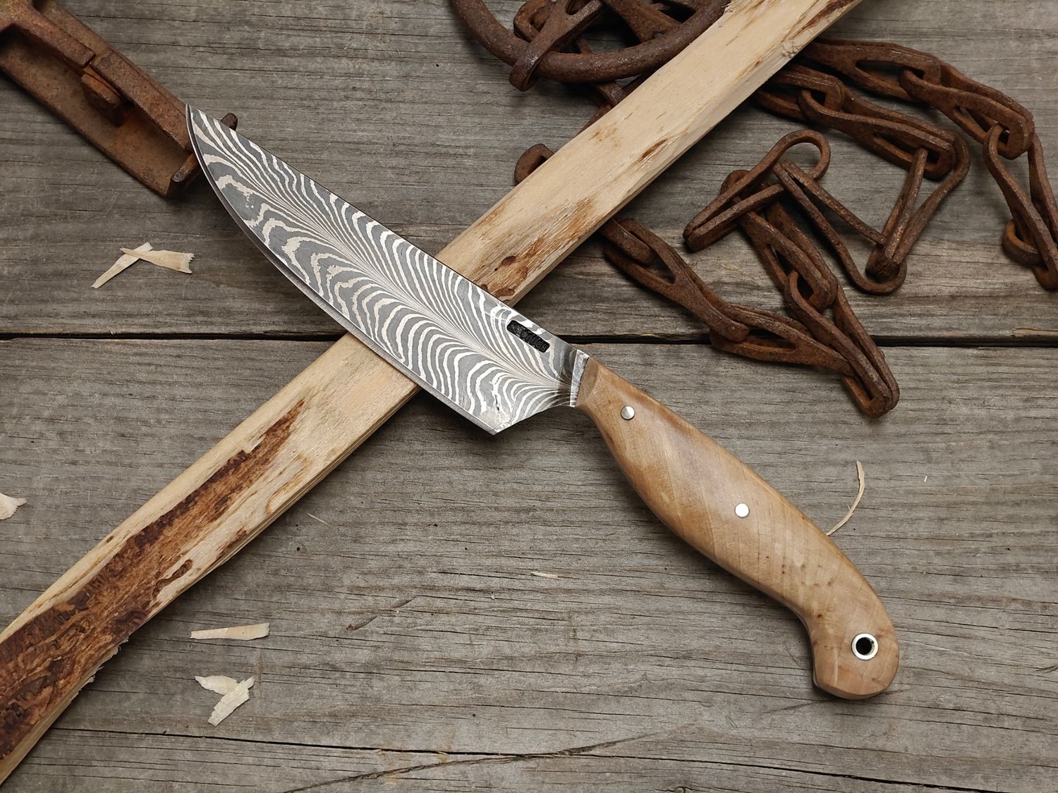 Mark Couch Feather Damascus 4.75" Fixed Blade / Birch / 15N20 &amp; 1080