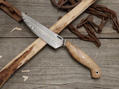 Mark Couch Feather Damascus 4.75" Fixed Blade / Birch / 15N20 &amp; 1080
