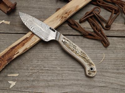 Mark Couch Feather Damascus 3" Fixed Blade / Moose Antler / 15N20 &amp; 1080