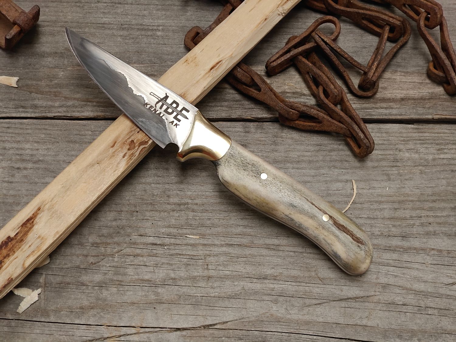Abe Knives San Mai 3.25" Fixed Blade / Moose Antler &amp; Brass Bolster / 80crv2 &amp; 15n20
