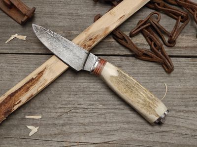 Mark Couch Feather Damascus 3.25" Fixed Blade / Antlers With Damascus Bolster &amp; Pommel / 15N20 &amp; 1080