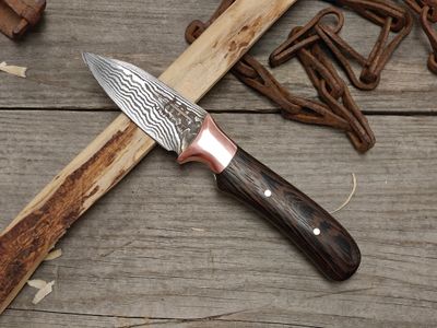 ABE Knives Damascus 36 Layer 3" Fixed Blade / African Wenge &amp; Copper Bolster / 80CrV2 &amp; 15N20