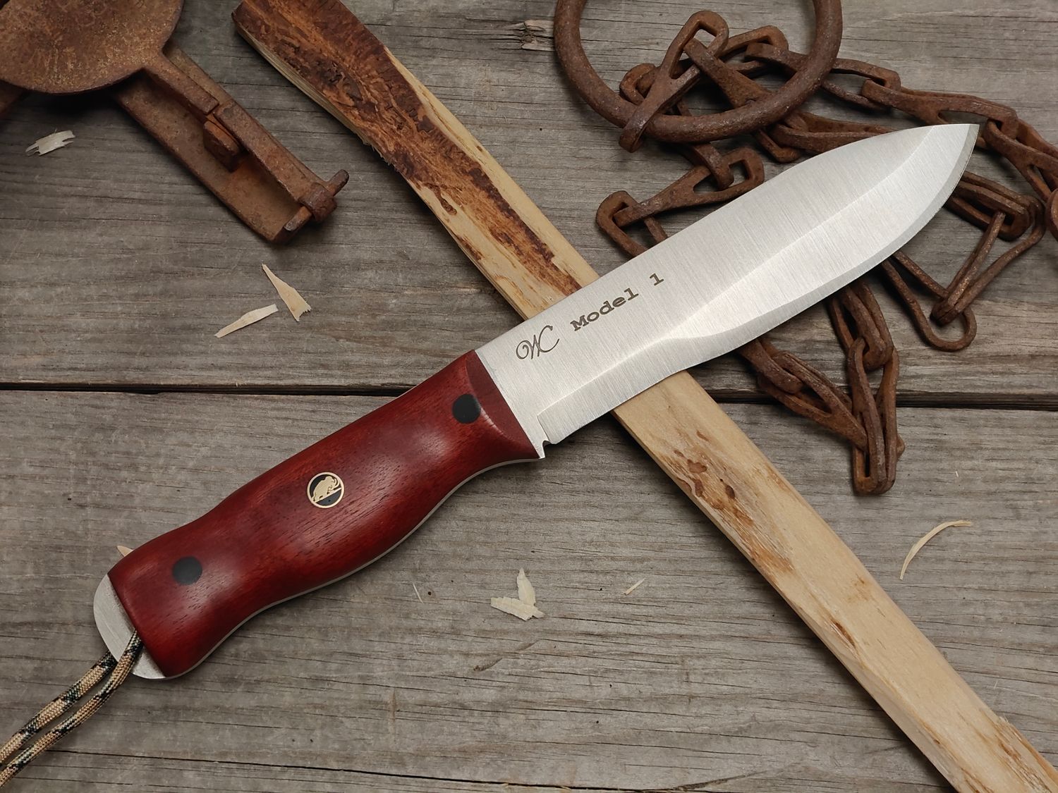 William Collins Model #1 6" Bush Knife / Blood Wood w/ Black G10 Pins &amp; GNK Mosaic / Satin Nitro-V / Stitched Gear Sheath
