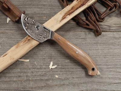 Mark Couch Damascus 2.5" Fixed Blade / Birch Burl / 15N20 &amp; 1080