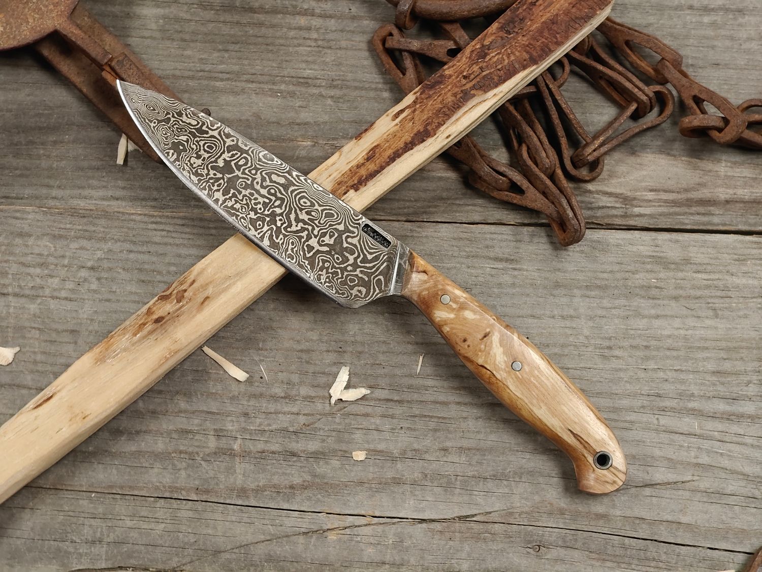 Mark Couch Damascus 4.75" Fixed Blade / Birch Burl / 15N20 &amp; 1080