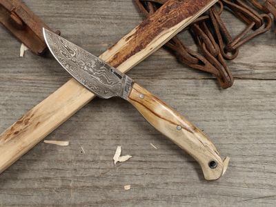 Mark Couch Damascus 3" Fixed Blade / Birch Burl / 15N20 &amp; 1080