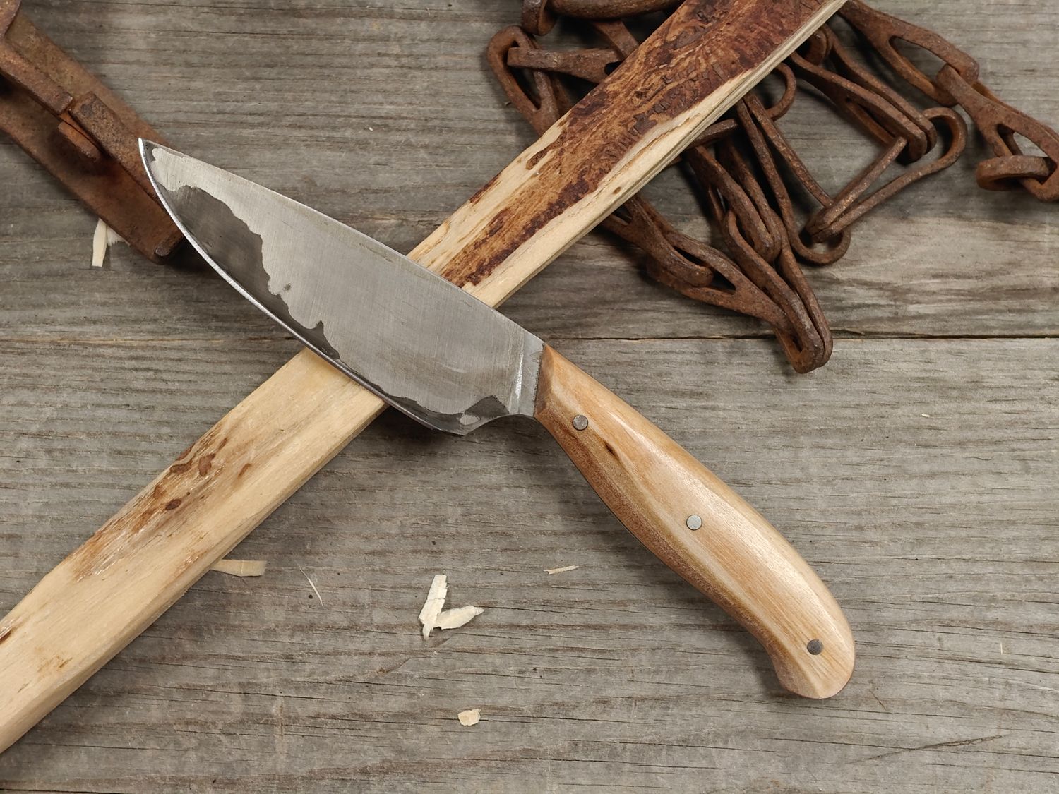 Mark Couch San Mai 4" Fixed Blade / Birch Burl / 15N20 &amp; 1080