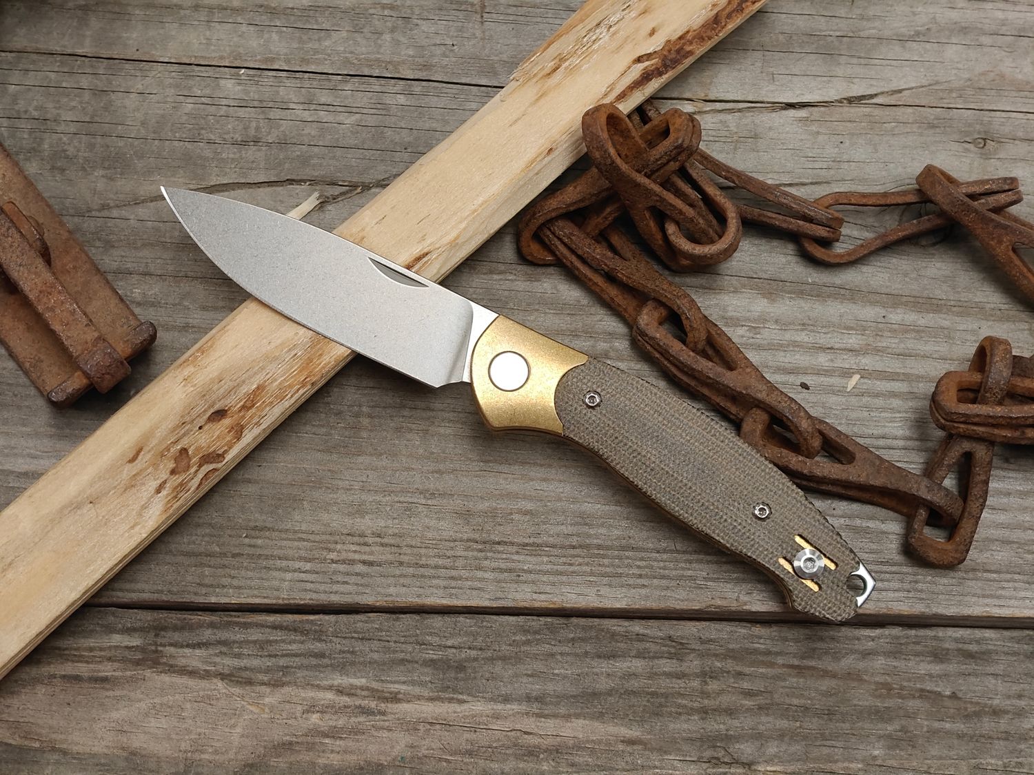 GiantMouse ACE Farley V2 2.75" Slipjoint Folding Knife / Green Canvas Micarta With Brass Bolstered / Stonewashed Elmax
