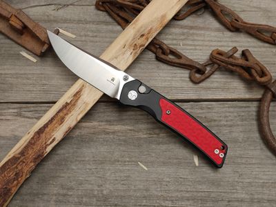 Bestech Icebreaker 3.2" Button Lock / Black Aluminum &amp; Red G10 Inlay / Satin D2