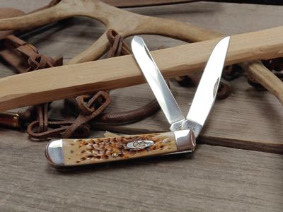Case Trapper Clip Point &amp; Spey Blades With Clip / Amber Jigged Bone / Polish Tru-Sharp Stainless Steel