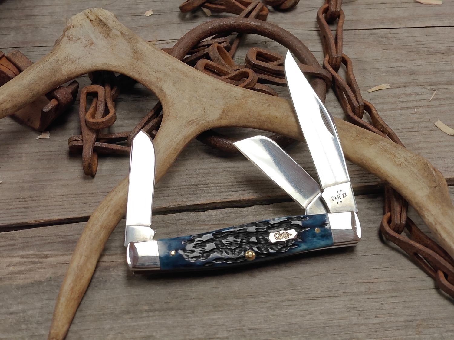 Case Large Stockman Clip Point, Spey, &amp; Pen Folding Blades / Mediterranean Blue Jigged Bone  / Polished Stainless Steel