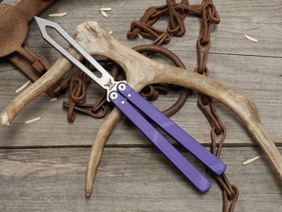 Flytanium Zenith Trainer 2.0 4.5" Butterfly Knife / Ultraviolet Aluminum / Stonewash Skeletonized 440