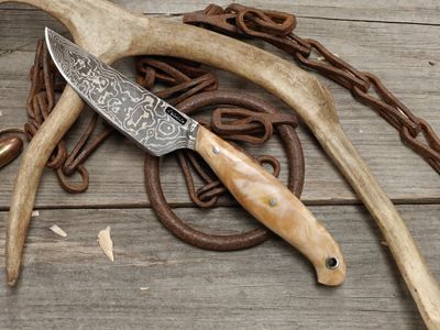Mark Couch Damascus 3.5" Fixed Blade / Stabilized Birch Burl / 15N20 &amp; 1080