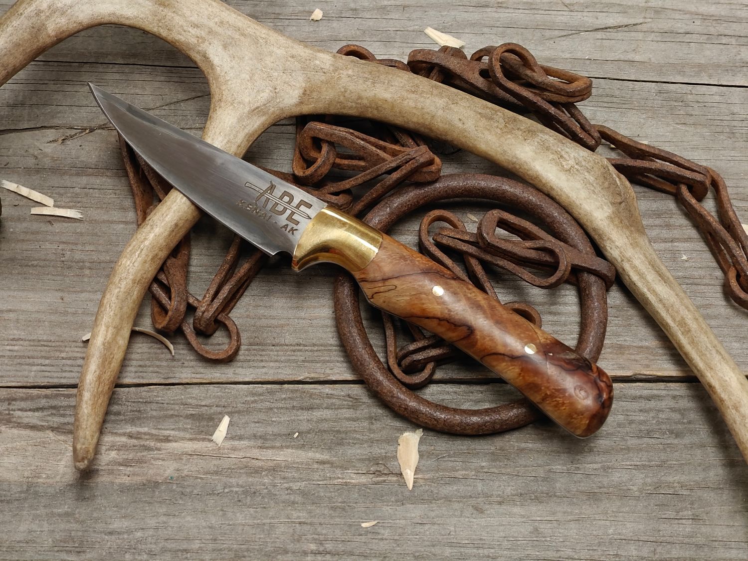 ABE Knives 3.25" Fixed Blade / Stabilized Birch Burl w/ Brass Bolster / San Mai 80Crv2 &amp; 15n20