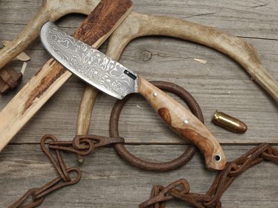 Mark Couch Damascus Round Nose Right Handed 4" Fixed Blade / Birch Burl / 15N20 &amp; 1080
