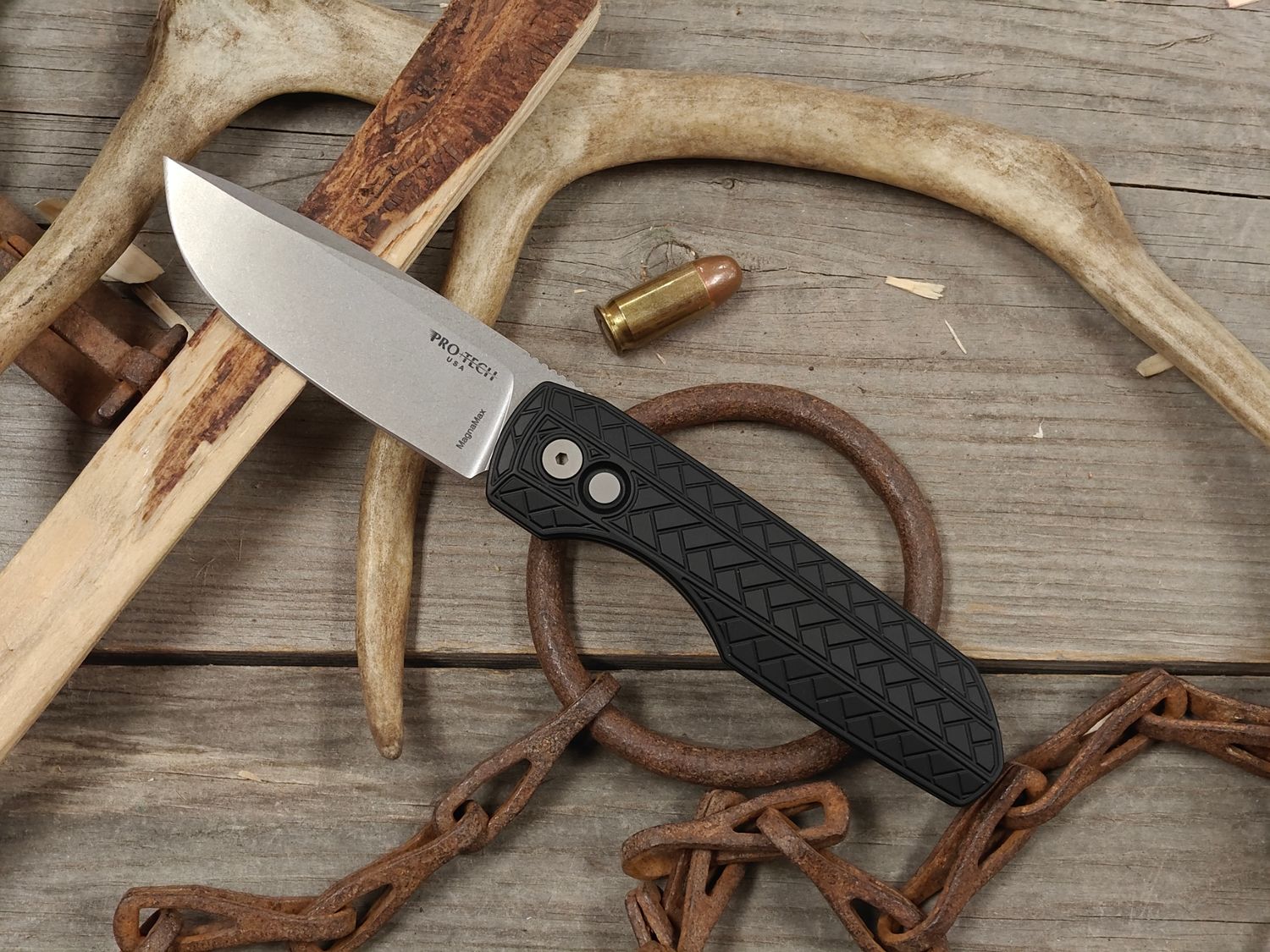 Pro-Tech + Vero Synapse 2 3.45" Push Button Auto Folding  / Black Textured Aluminum / Stonewashed  MagnaMax (Pre-Owned)