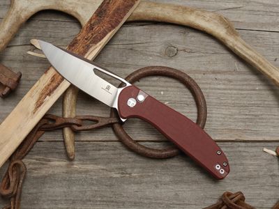 Bestech Whalefin 3.5" Button Lock / Brown G10 / Satin D2