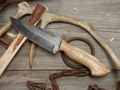 907Knives Aegis XL 5.5" Fixed Blade / Curly Ash w/ Orange Liners / Stonewashed 8670