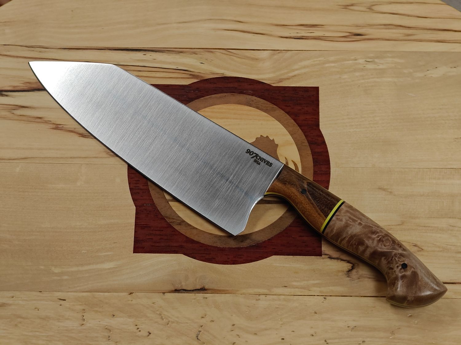 907Knives K-Tip 7" Chef Knife / Monkeypod &amp; Big Leaf Maple w/ Yellow/Black Liners / Satin AEB-L