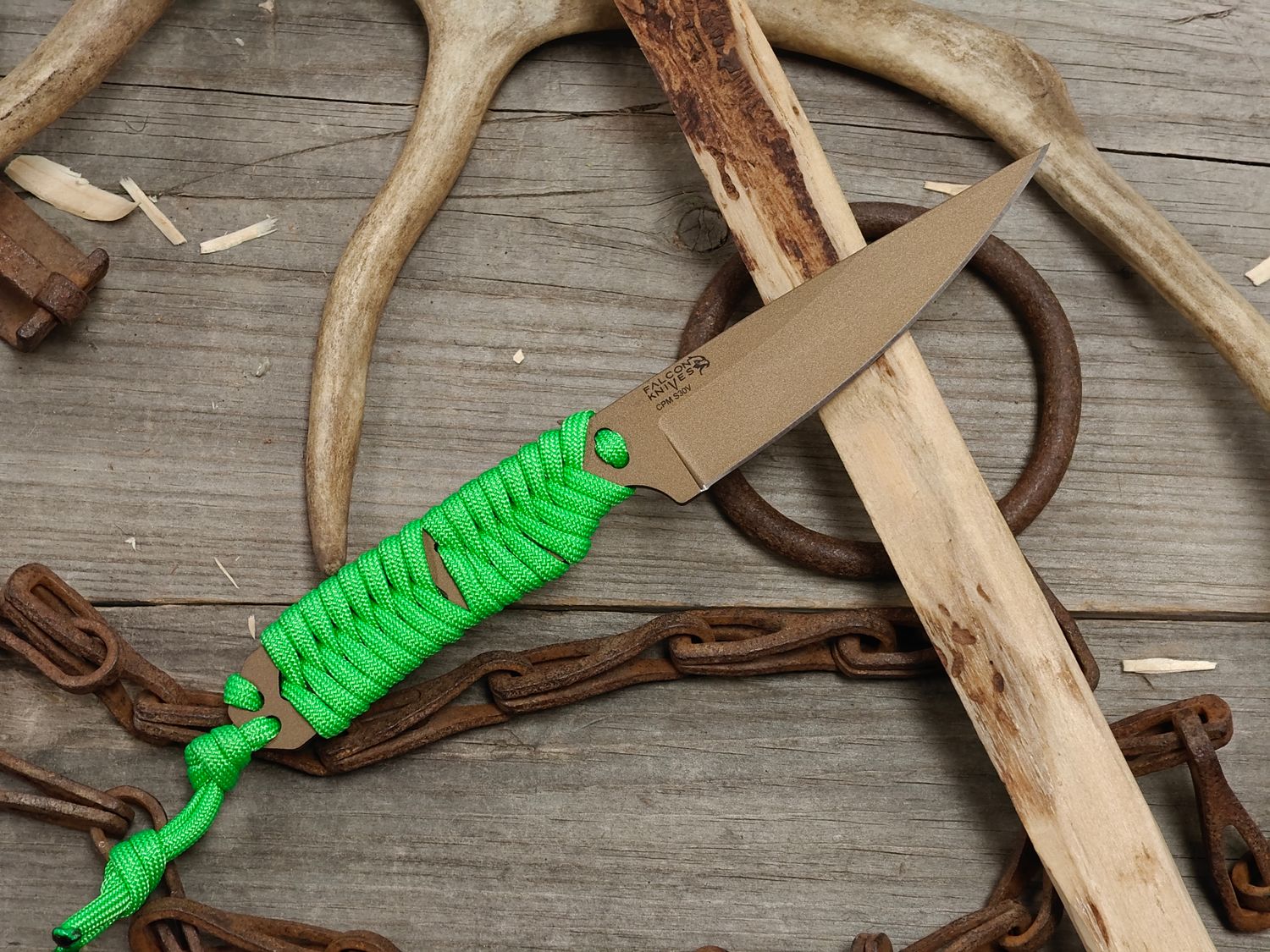 Falcon Knives Skeleton 4" Fixed Blade / Green Paracord Wrap / Burnt Bronze Cerakote S30V