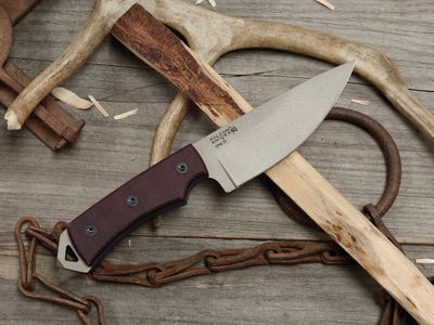 Falcon Knives Jumpmaster 4.5" Fixed Blade / Maroon Micarta w/ Blue Liners / Gun Metal Grey Cerakote CPM-3V