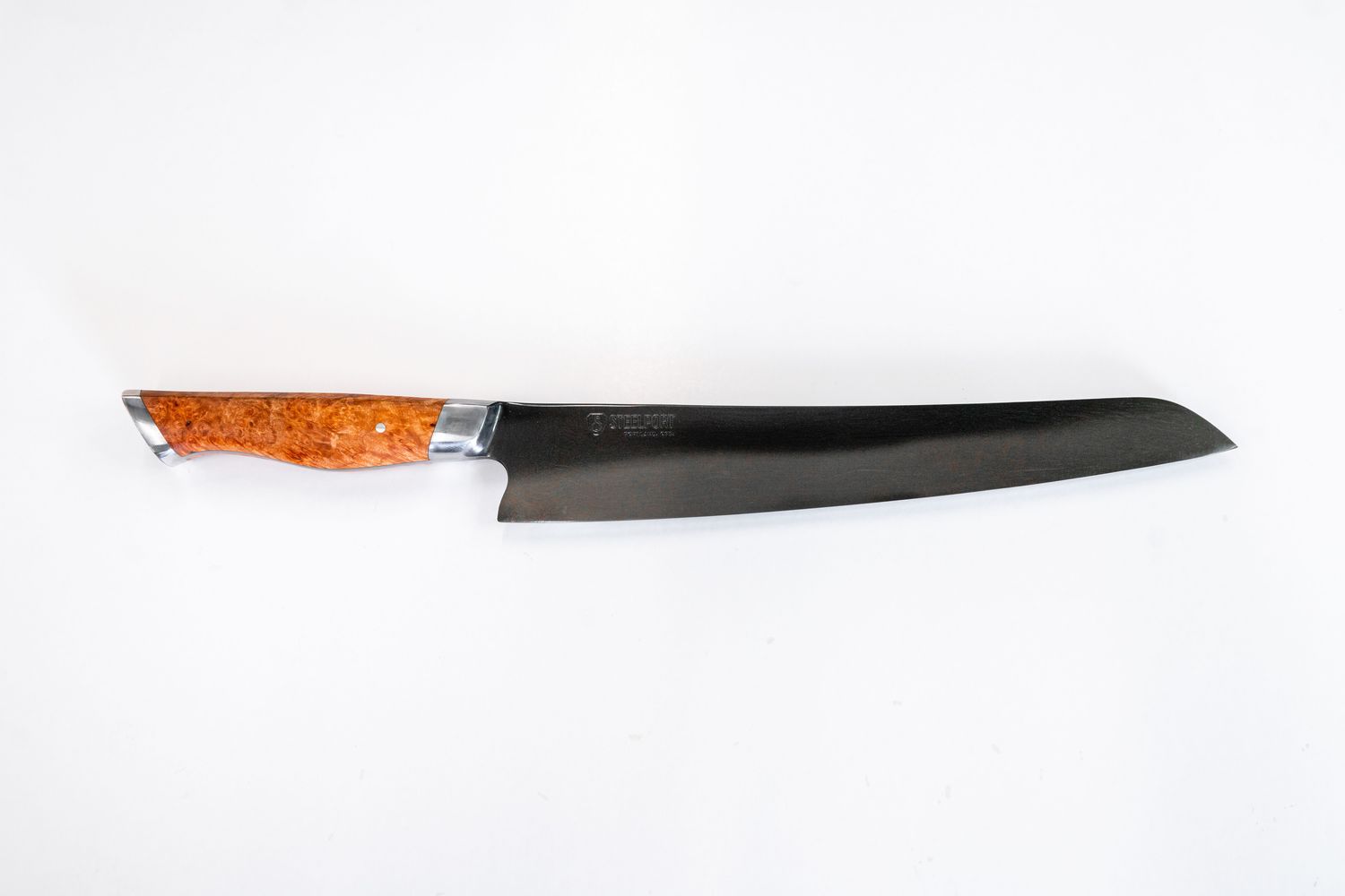STEELPORT 10" Slicing Knife / Oregon Big Leaf Maple Burl / Coffee Patina 52100 Carbon Steel