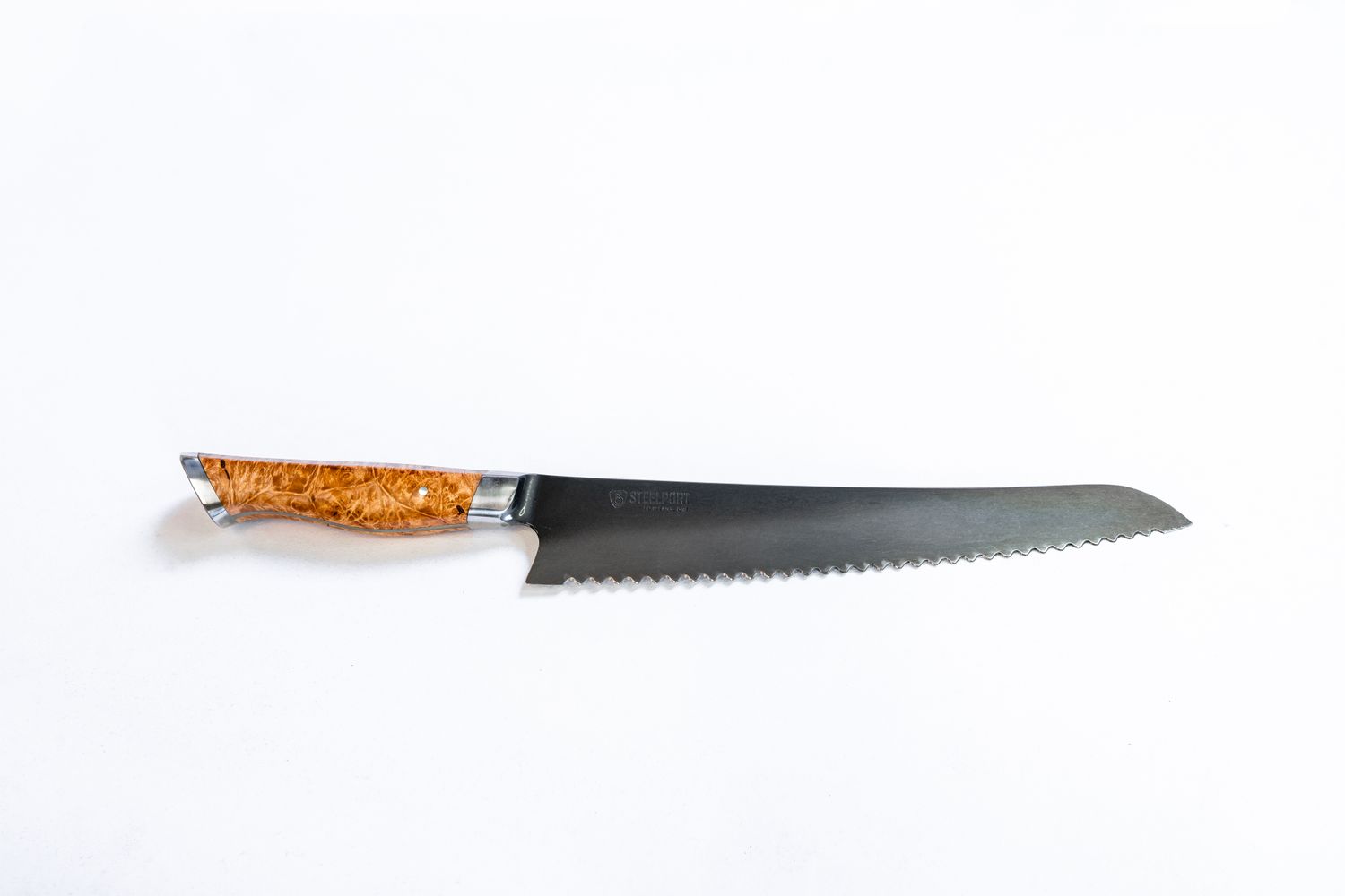 STEELPORT 10" Bread Knife / Oregon Big Leaf Maple Burl / Coffee Patina 52100 Carbon Steel