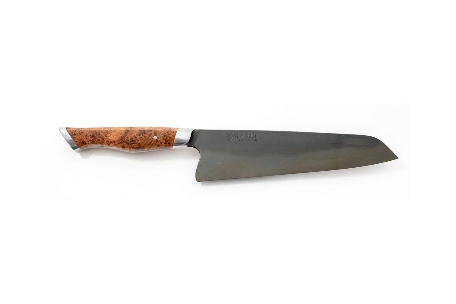 STEELPORT 8" Chef Knife / Oregon Big Leaf Maple Burl / Coffee Patina 52100 Carbon Steel