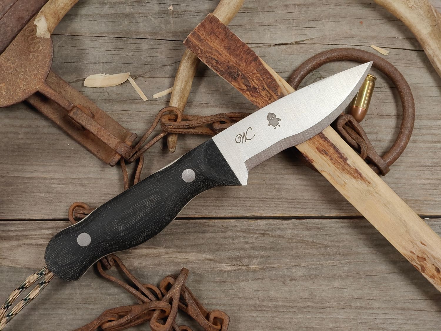 William Collins Baby Bird 4" Bush Knife / Black Micarta w/ White Liners &amp; Stainless Steel Pins / Satin AEB-L