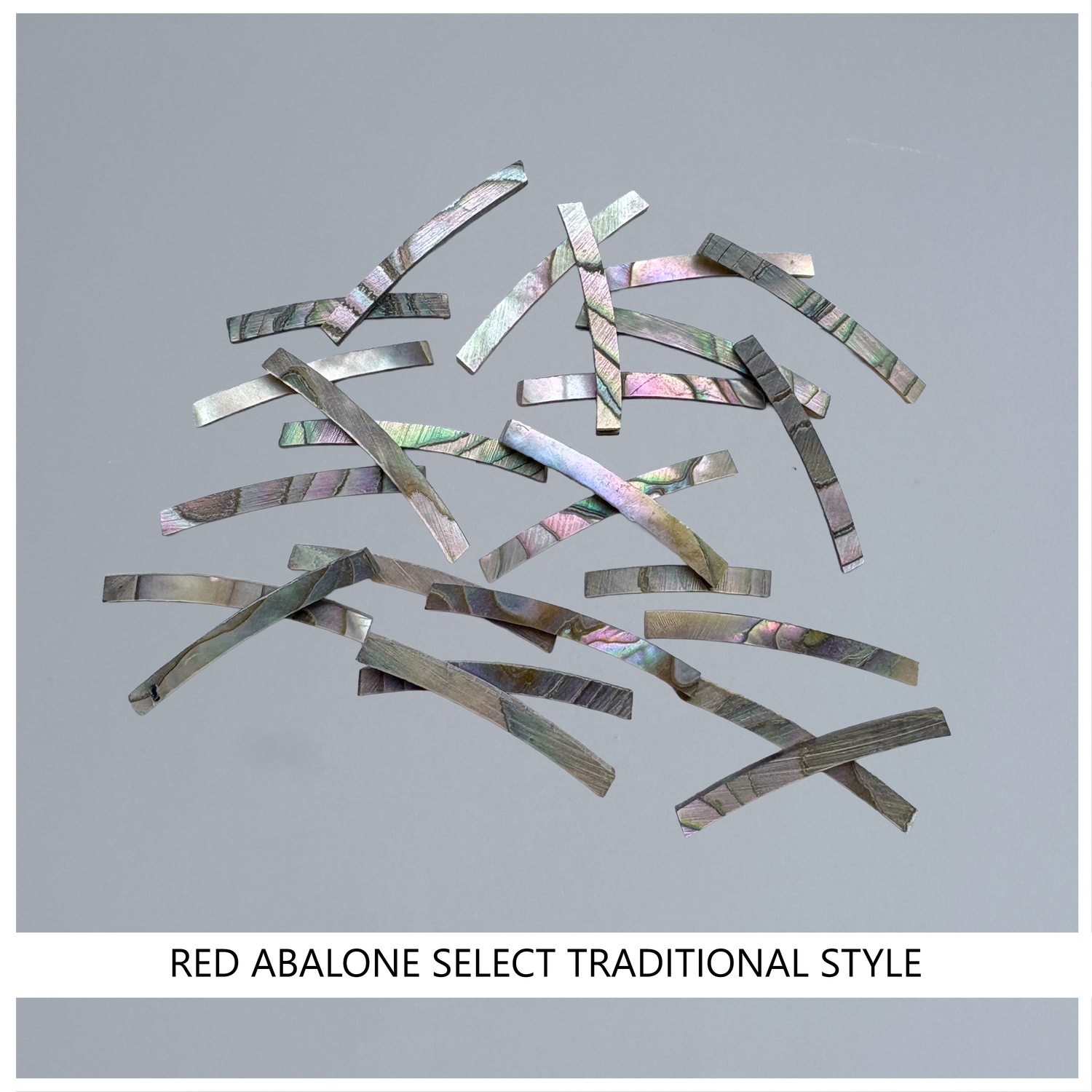 Curved Strips: Red Abalone Select Traditional Style, Type: CS-090-REDSEL- Curved Strips: Red Abalone Pale Traditional Style .060" x 0.090" (Haliotis rufescens; USA)